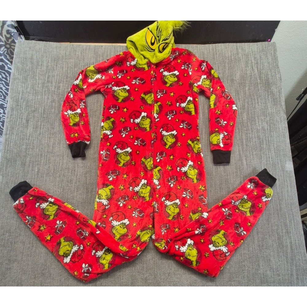 The Grinch Hooded Fleece One Piece Union Suit Pajamas Red Green Zip Christmas SM